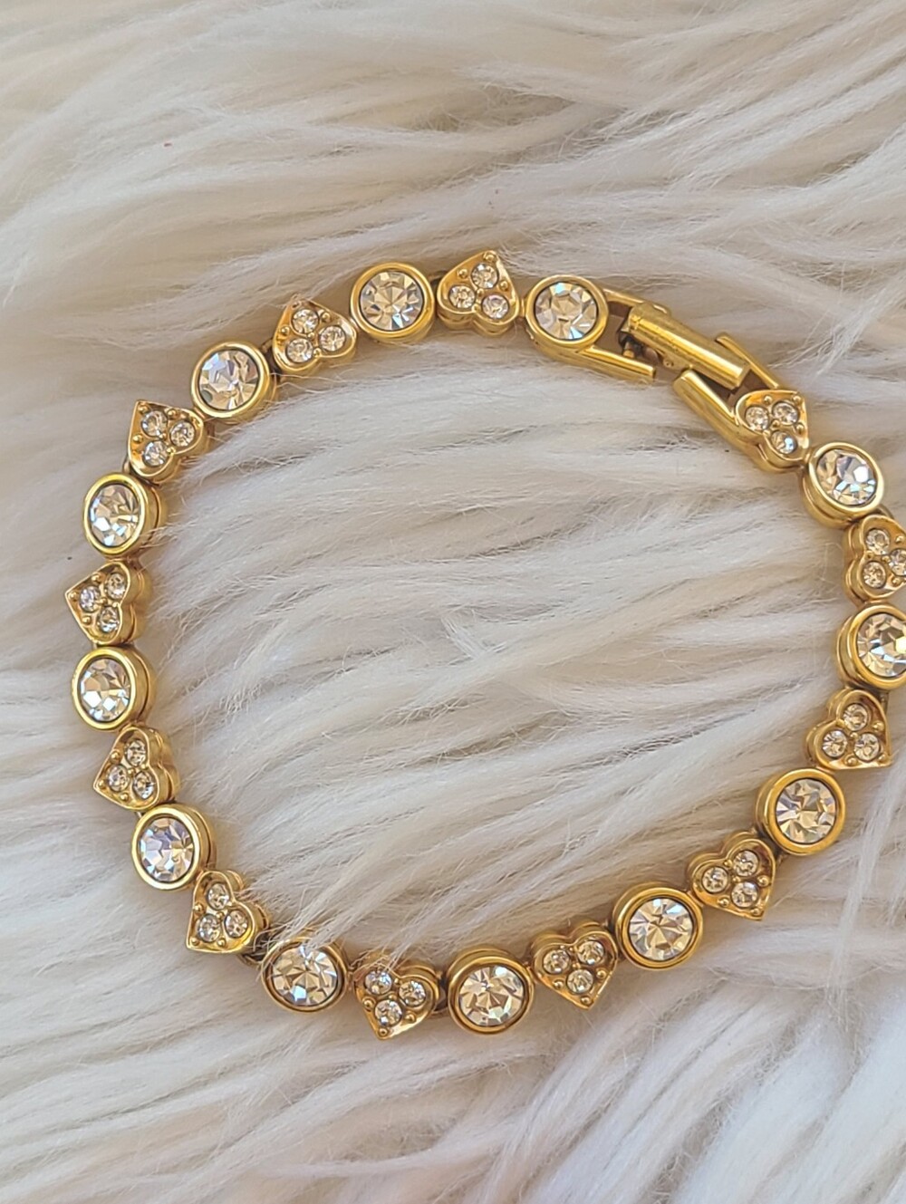 Swarovski Gold Toned Heart & Round Link Bracelet-Excellent Vintage Condition